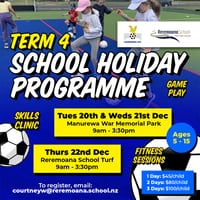 Term 4 Holiday Fun ⚽️??
Calling all kids ages 5-15 ? learn some footie skills from top licensed coaches! We’re excited to join together again with Reremoana School to offer Round 2 of our School Holiday Programme.
https://forms.gle/RairmXMjAtCrMV6o8